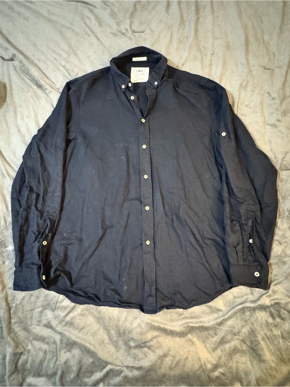 Zara Men's Navy Long-Sleeve Linen Blend Button-Down Shirt

#1425